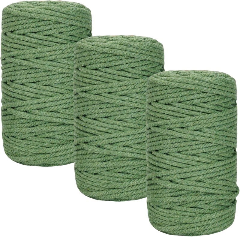 PHUNTTEK Macrame Cord 3mm x 164 Yards, 3 Rolls Green Colored Macrame Cotton Cord Rope Kit Macrame Yarns Bulk String 4 Strands Twisted for Wall Hanger Plant Hanging DIY Crafts Knitting Macrame Supplies - Image 1